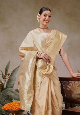Beige Solid Silk Saree Set
