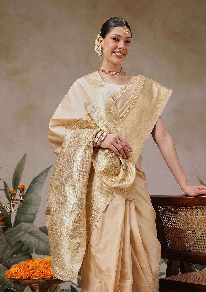 Beige Solid Silk Saree Set for Diwali and Festive Wear - Indya