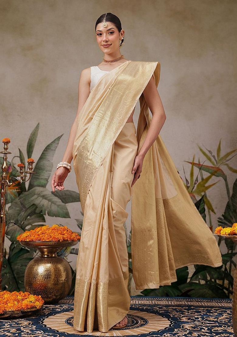 Beige Solid Silk Saree Set - Indya