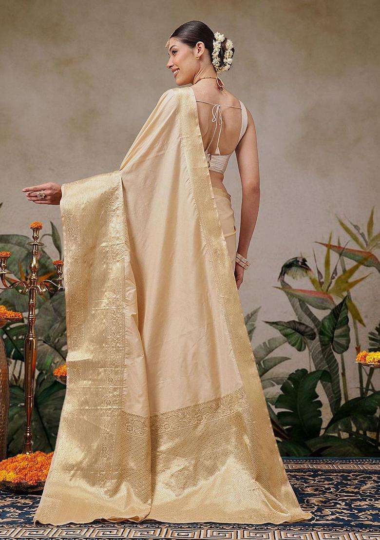 Beige Solid Silk Saree Set for Diwali and Festive Wear - Indya