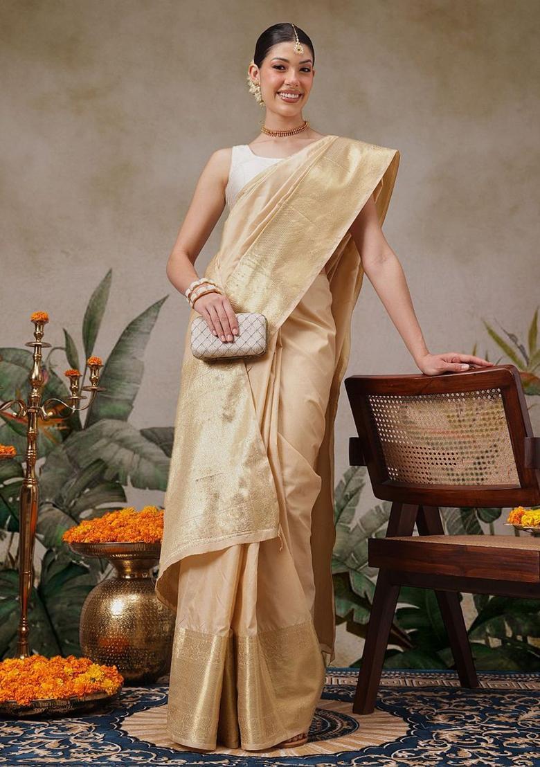 Beige Solid Silk Saree Set - Indya