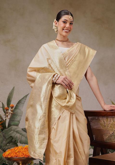 Beige Solid Silk Saree Set
