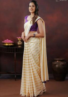 Cream Striped Cotton Saree Set