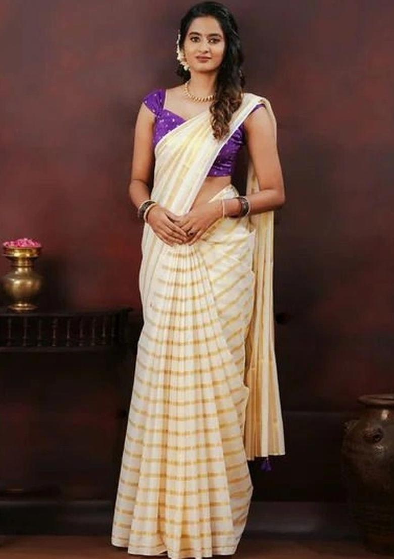 Cream Striped Cotton Saree Set - Indya