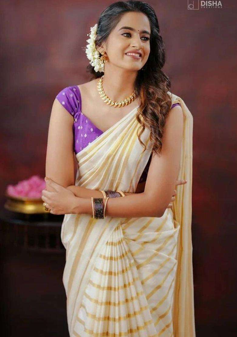 Cream Striped Cotton Saree Set for Diwali and Festive Wear - Indya