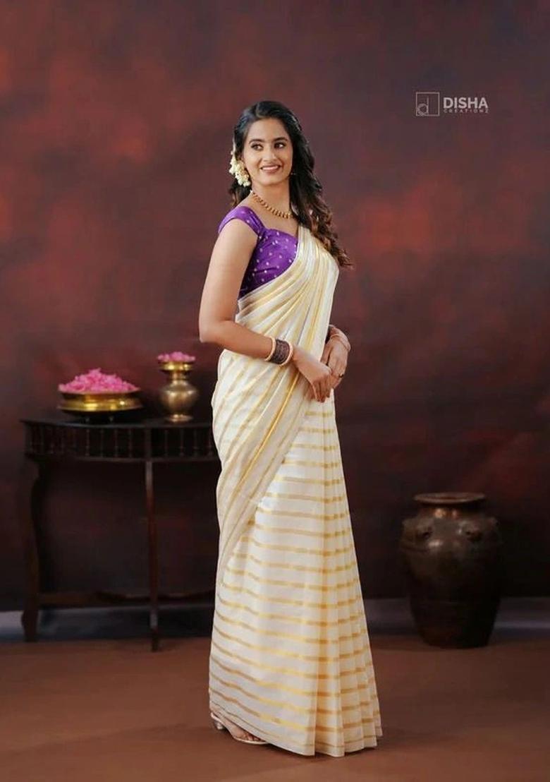 Cream Striped Cotton Saree Set - Indya