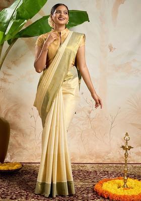 Off White Checked Tissue Saree Set