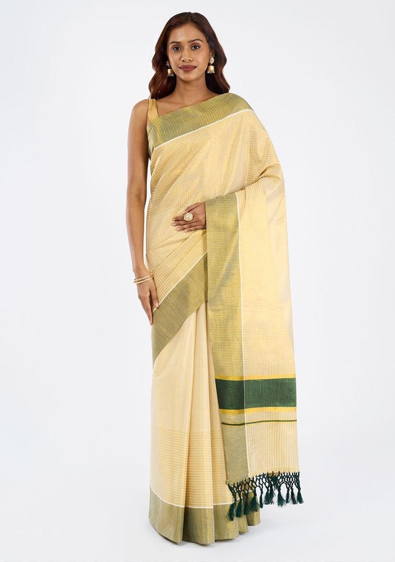 Off White Checked Tissue Saree Set - Indya