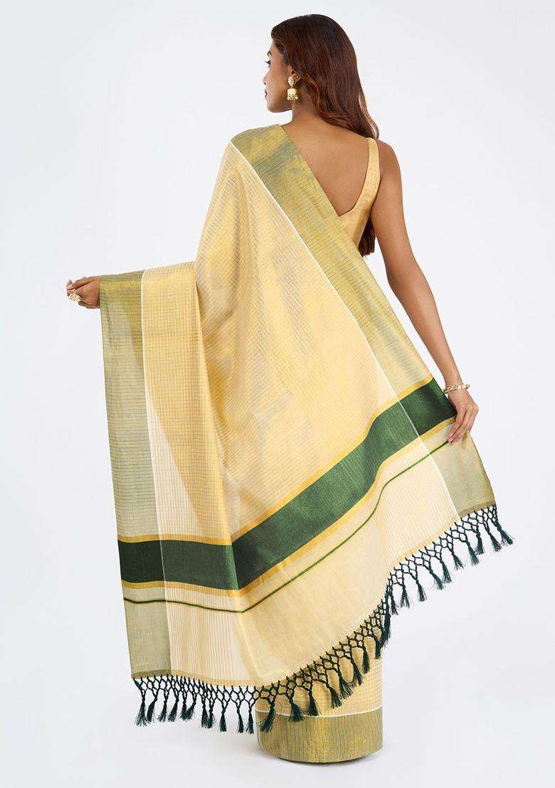 Off White Checked Tissue Saree Set for Diwali and Festive Wear - Indya