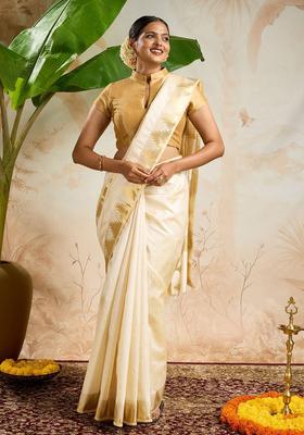 Off White Woven Design Cotton Saree Set