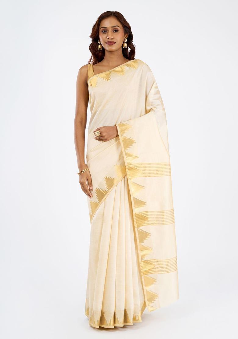 Off White Woven Design Cotton Saree Set - Indya