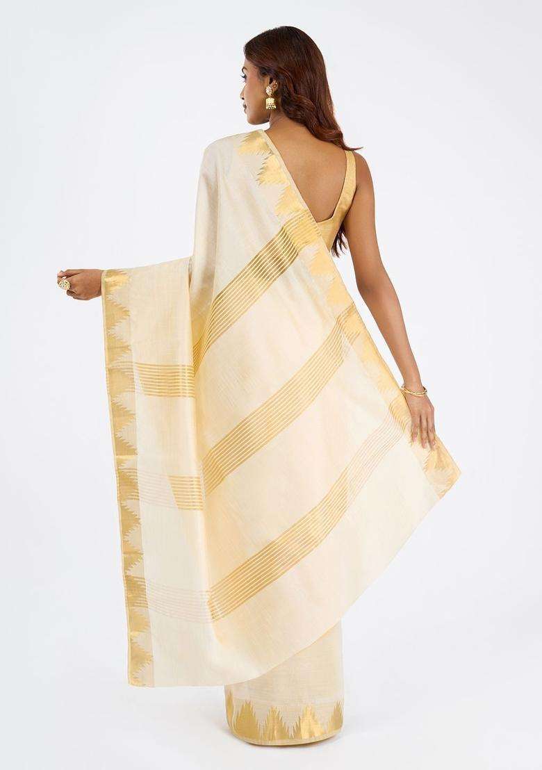 Off White Woven Design Cotton Saree Set for Diwali | Wedding & Festive Wear - Indya