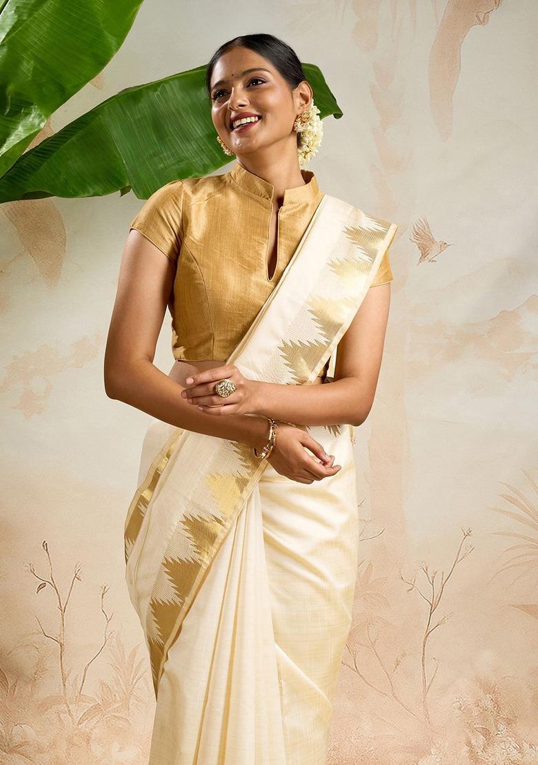 Off White Woven Design Cotton Saree Set - Indya