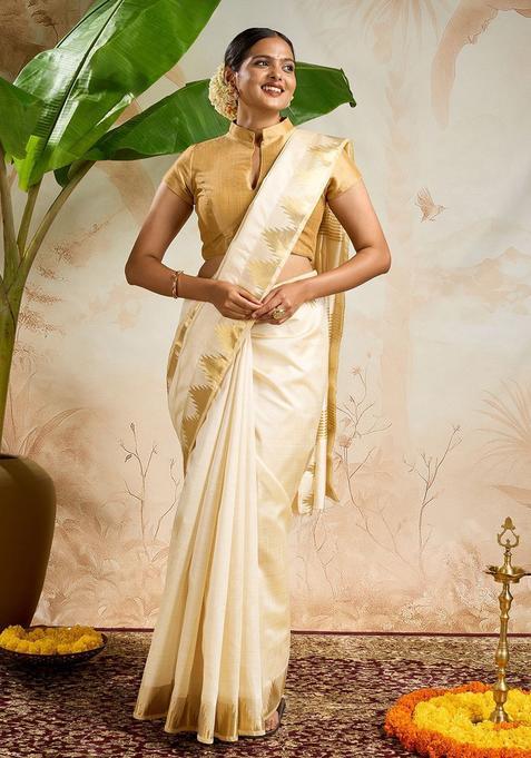Off White Woven Design Cotton Saree Set