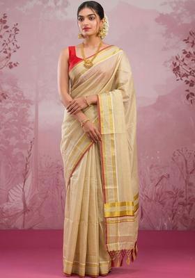 Cream Woven Design Tissue Saree Set