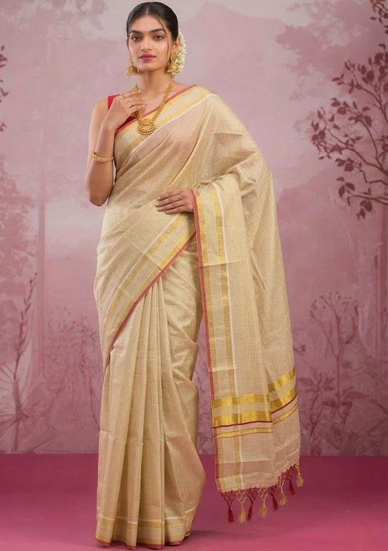 Cream Woven Design Tissue Saree Set - Indya