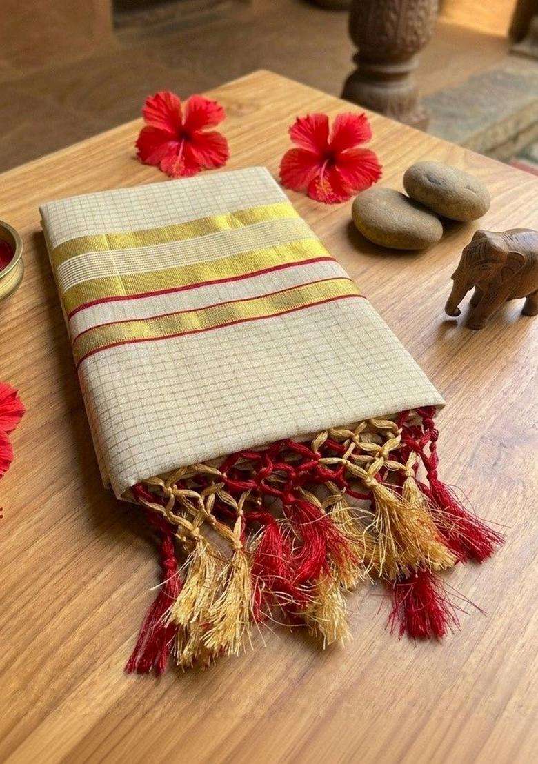 Cream Woven Design Tissue Saree Set for Diwali | Wedding & Festive Wear - Indya