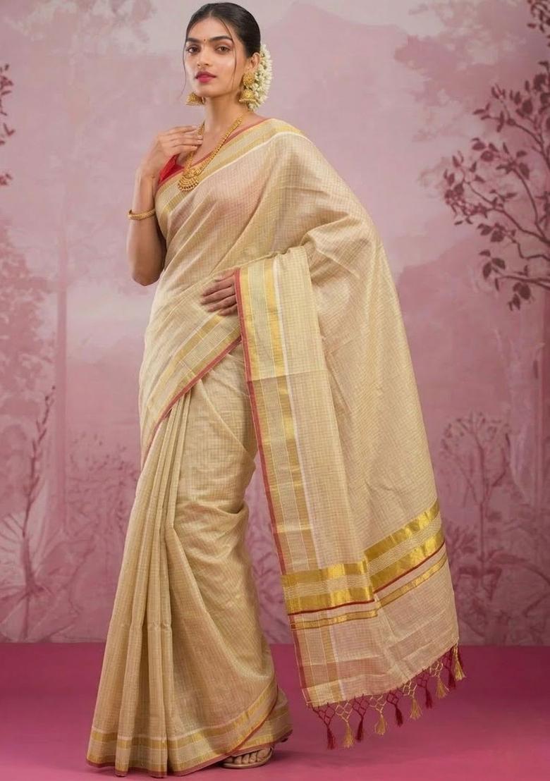 Cream Woven Design Tissue Saree Set - Indya