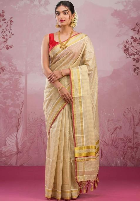 Cream Woven Design Tissue Saree Set
