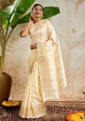 Off White Woven Design Cotton Saree Set