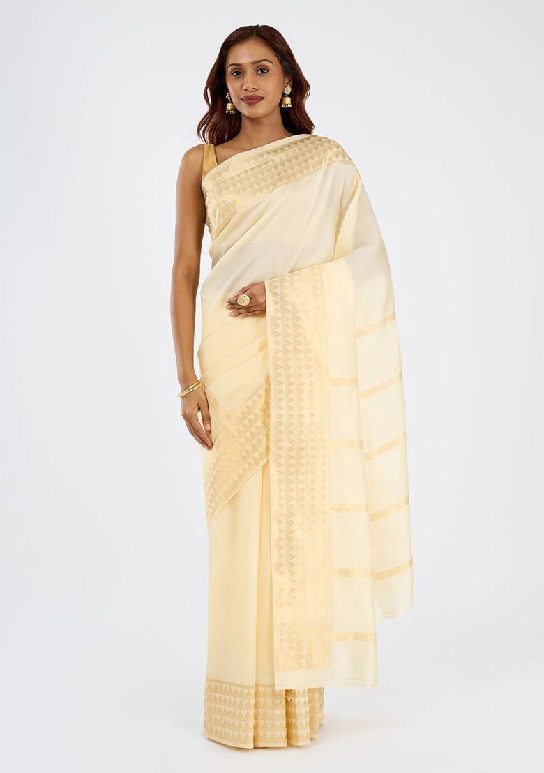 Off White Woven Design Cotton Saree Set - Indya