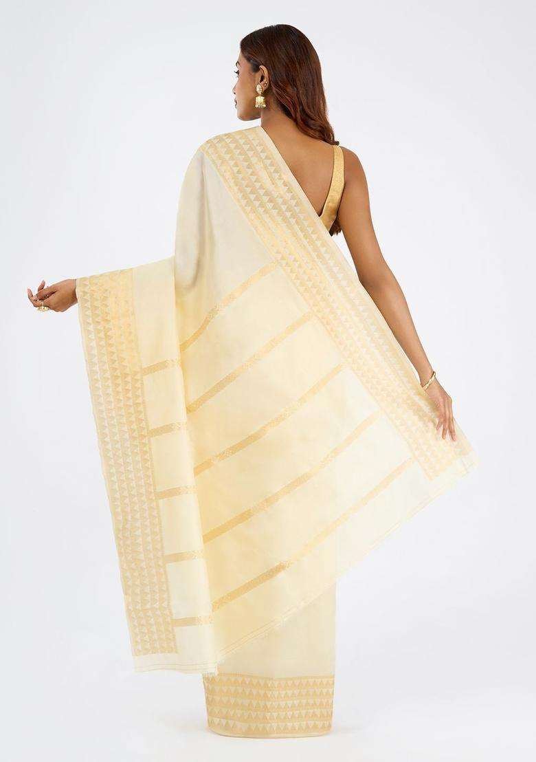 Off White Woven Design Cotton Saree Set for Diwali | Wedding & Festive Wear - Indya