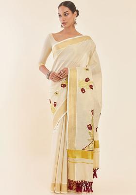 Off White Woven Design Tissue Saree Set