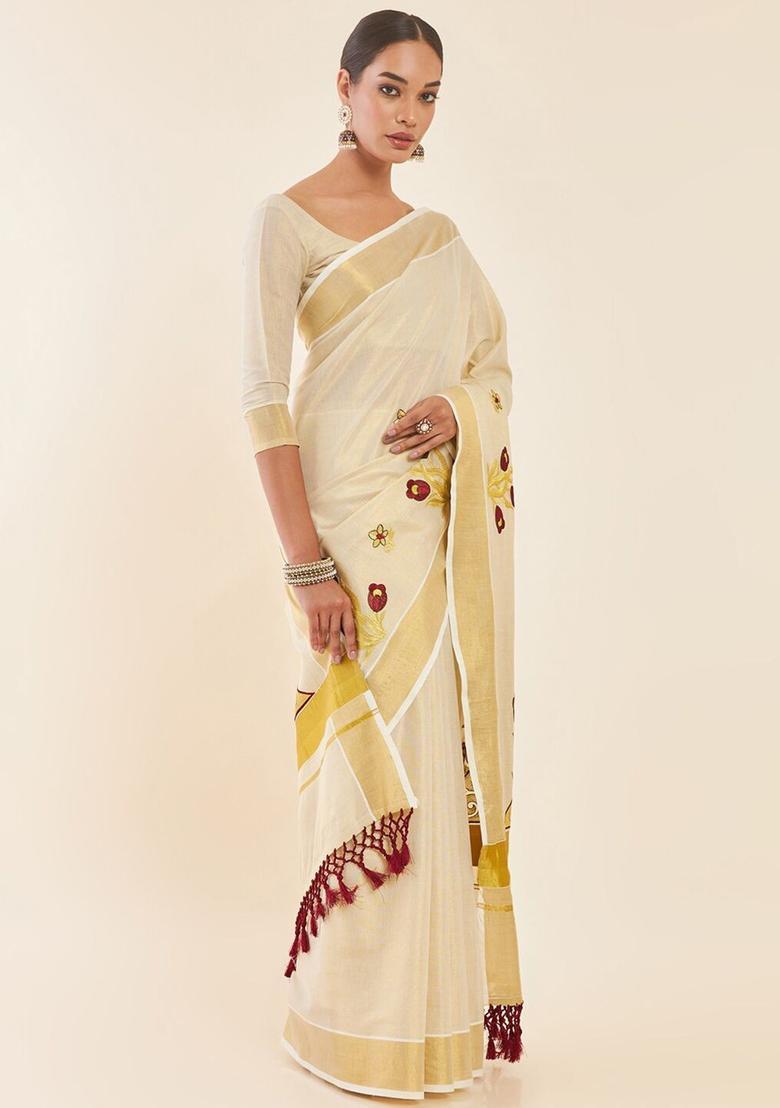 Off White Woven Design Tissue Saree Set - Indya