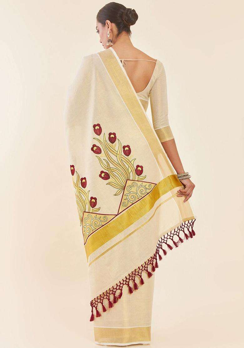 Off White Woven Design Tissue Saree Set for Diwali and Festive Wear - Indya