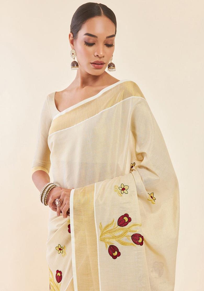 Off White Woven Design Tissue Saree Set - Indya