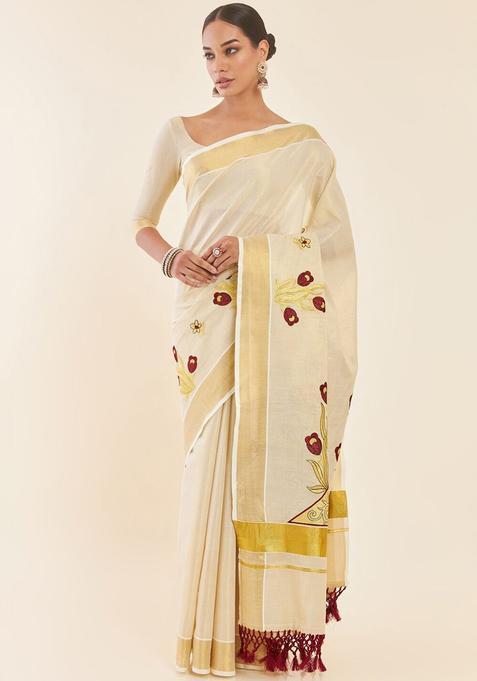 Off White Woven Design Tissue Saree Set