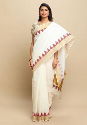 Off White Solid Tissue Saree Set