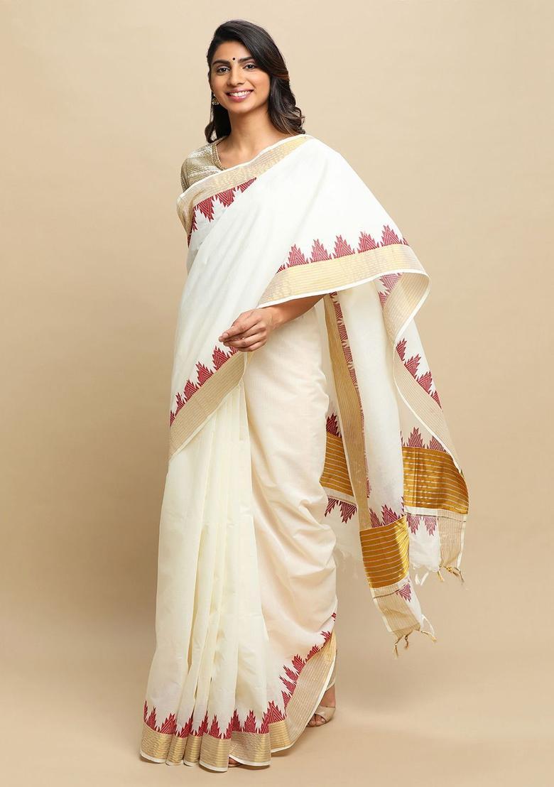 Off White Solid Tissue Saree Set - Indya
