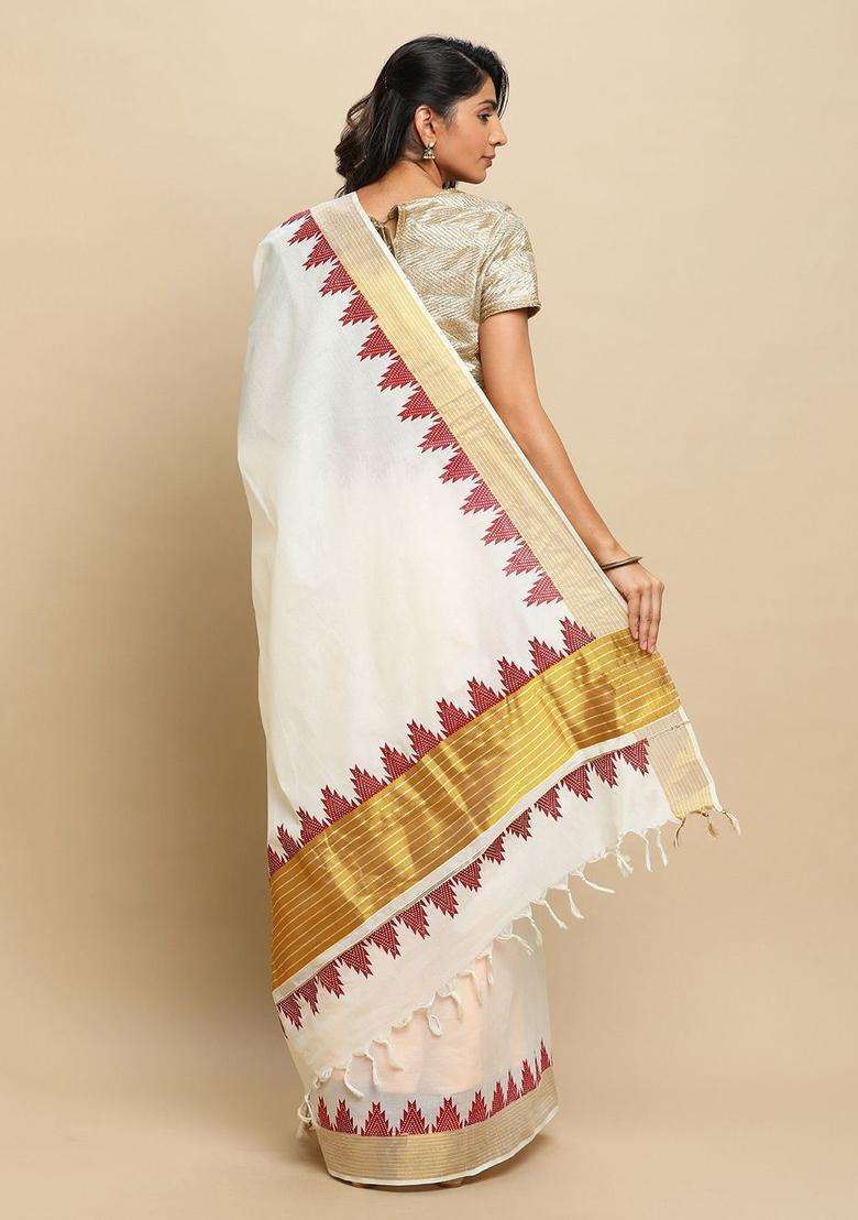 Off White Solid Tissue Saree Set for Diwali and Festive Wear - Indya