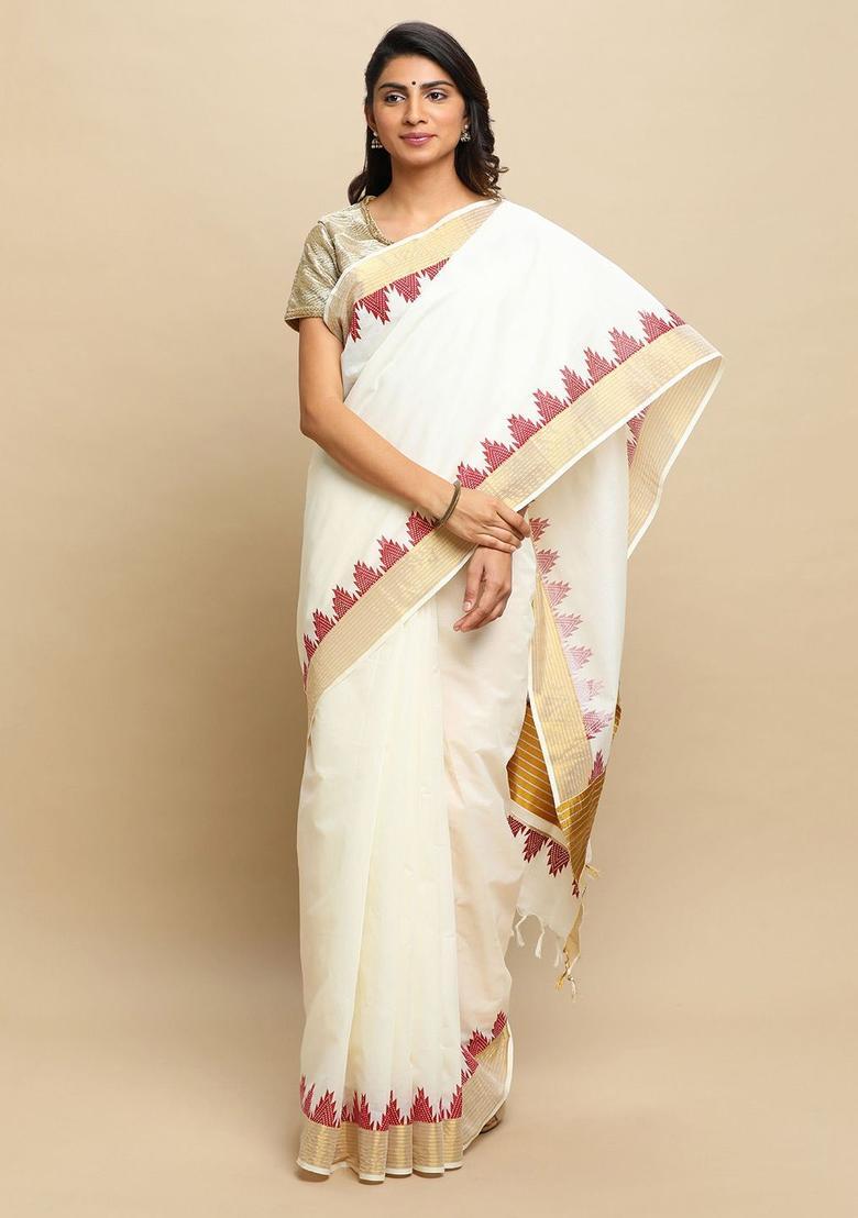 Off White Solid Tissue Saree Set - Indya
