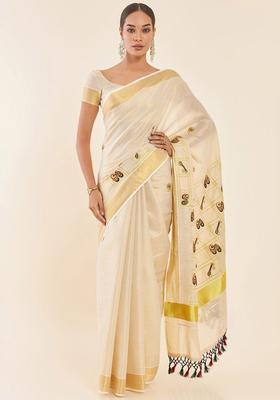Off White Printed Tissue Saree Set