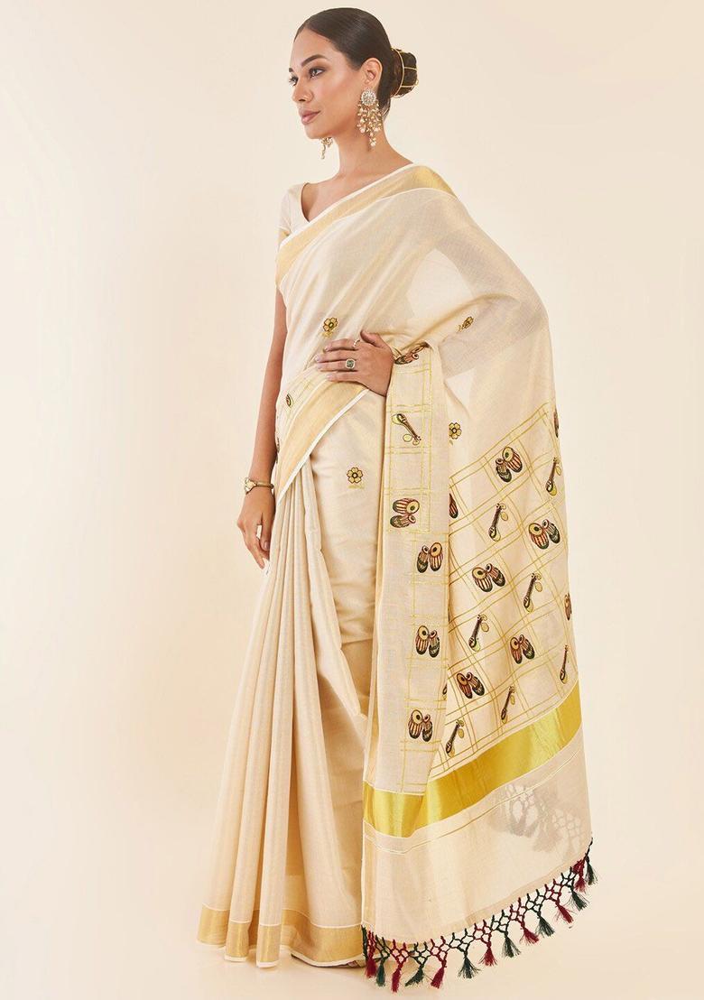Off White Printed Tissue Saree Set - Indya