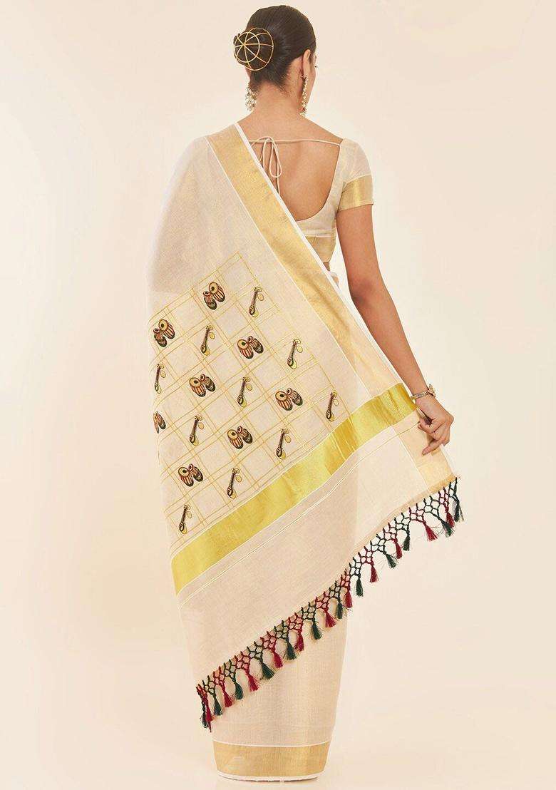 Off White Printed Tissue Saree Set for Diwali and Festive Wear - Indya