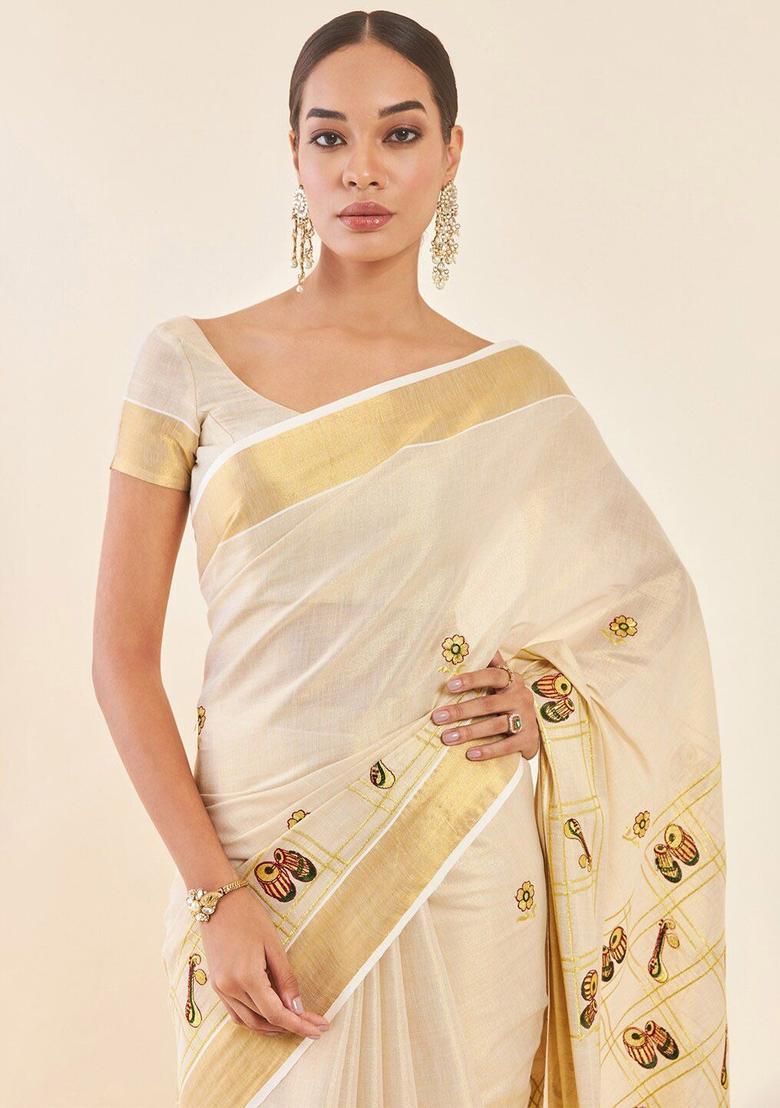 Off White Printed Tissue Saree Set - Indya