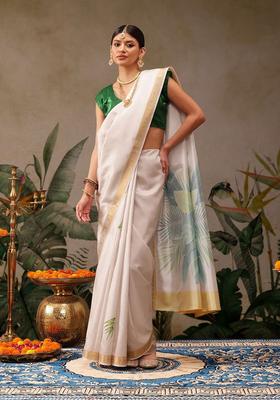 Off White Printed Silk Saree Set