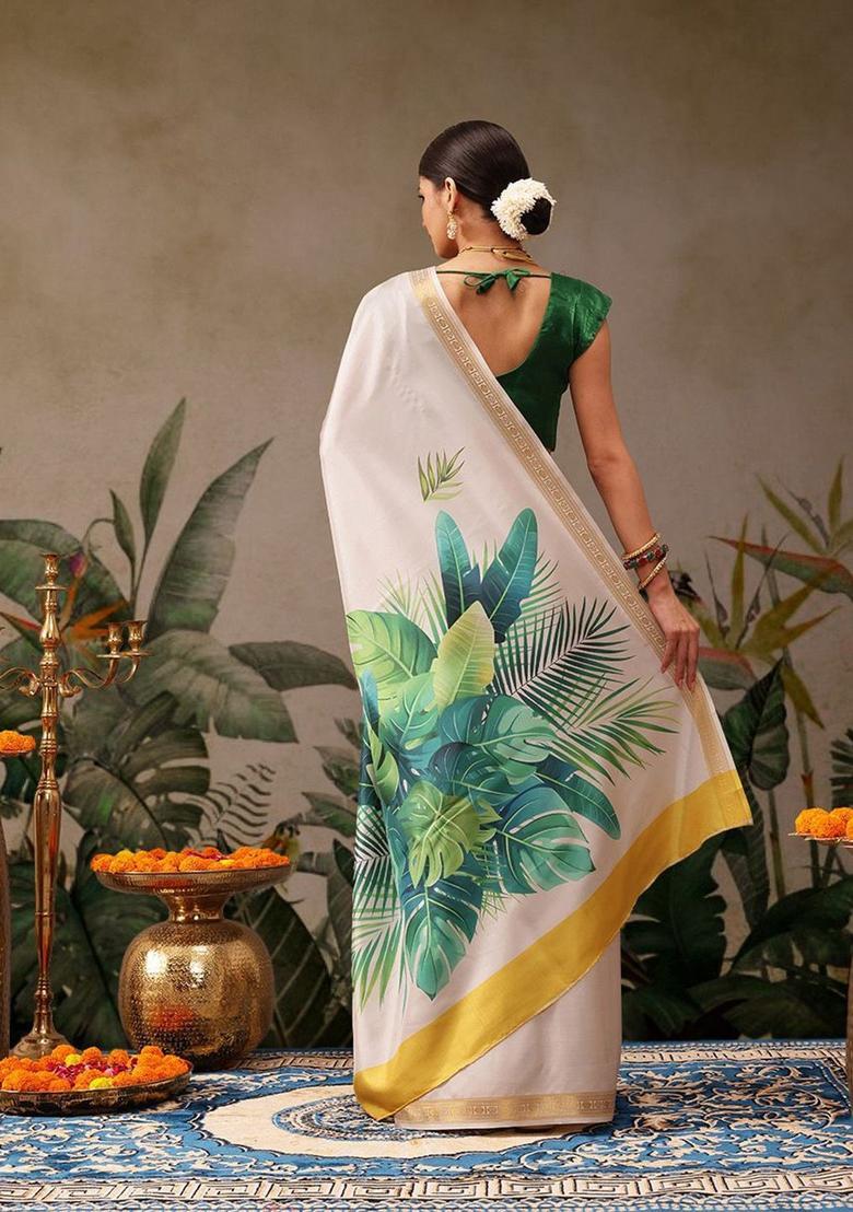 Off White Printed Silk Saree Set - Indya