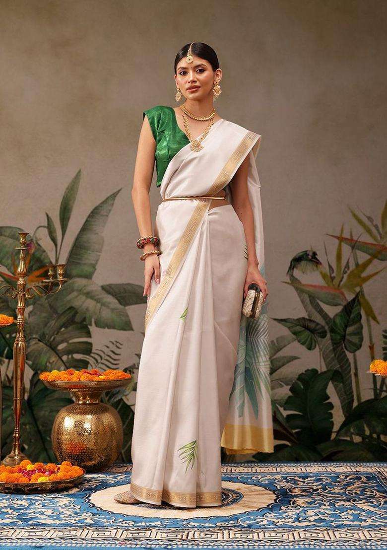 Off White Silk Saree Set with Printed for Diwali | Wedding & Festive Wear - Indya