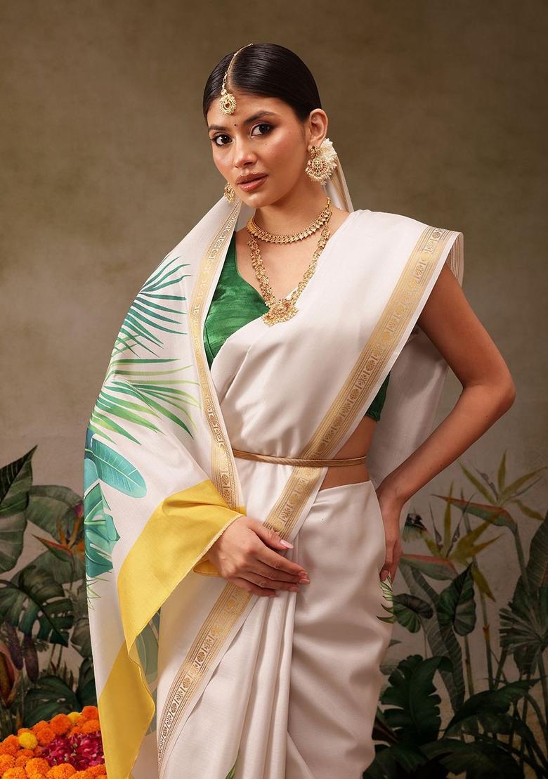 Off White Printed Silk Saree Set - Indya