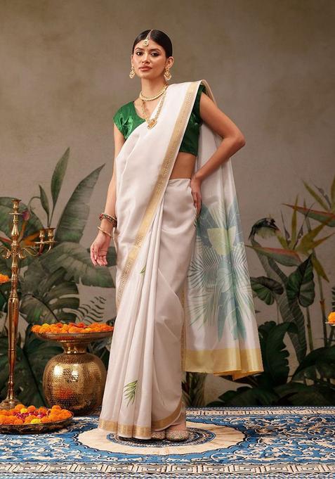 Off White Printed Silk Saree Set