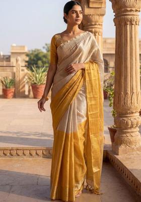 Off White Woven Design Tissue Saree Set