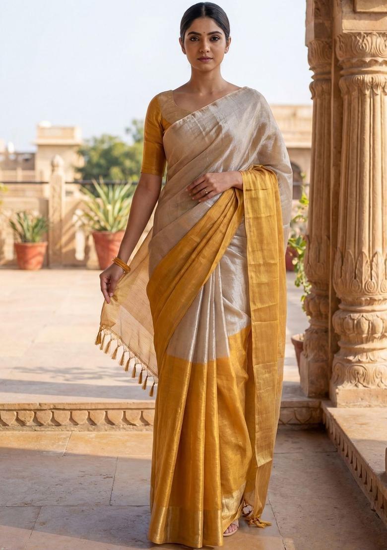 Off White Woven Design Tissue Saree Set - Indya