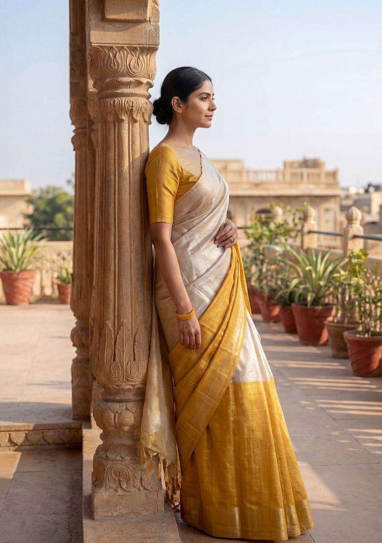 Off White Woven Design Tissue Saree Set for Diwali | Wedding & Festive Wear - Indya