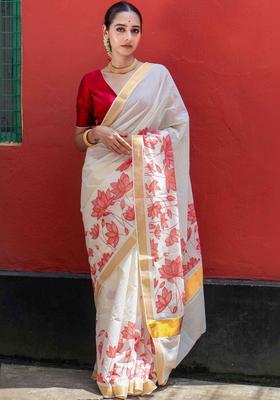 Off White Printed Cotton Saree Set