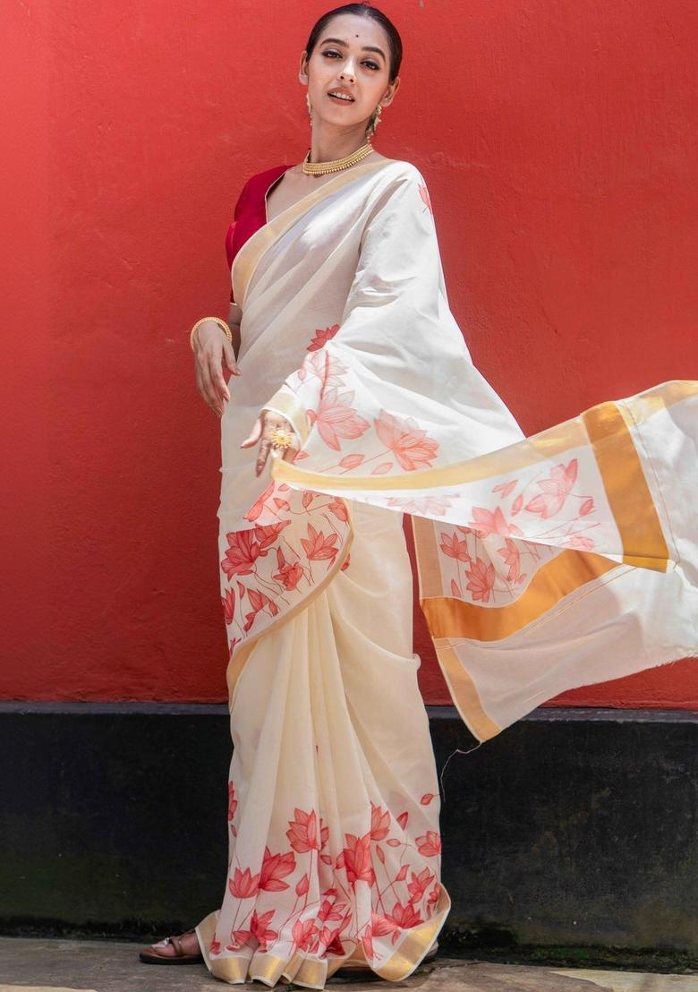 Off White Printed Cotton Saree Set - Indya