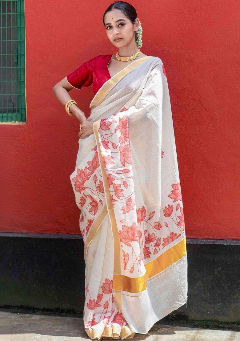 Off White Cotton Saree Set with Printed for Diwali | Wedding & Festive Wear - Indya